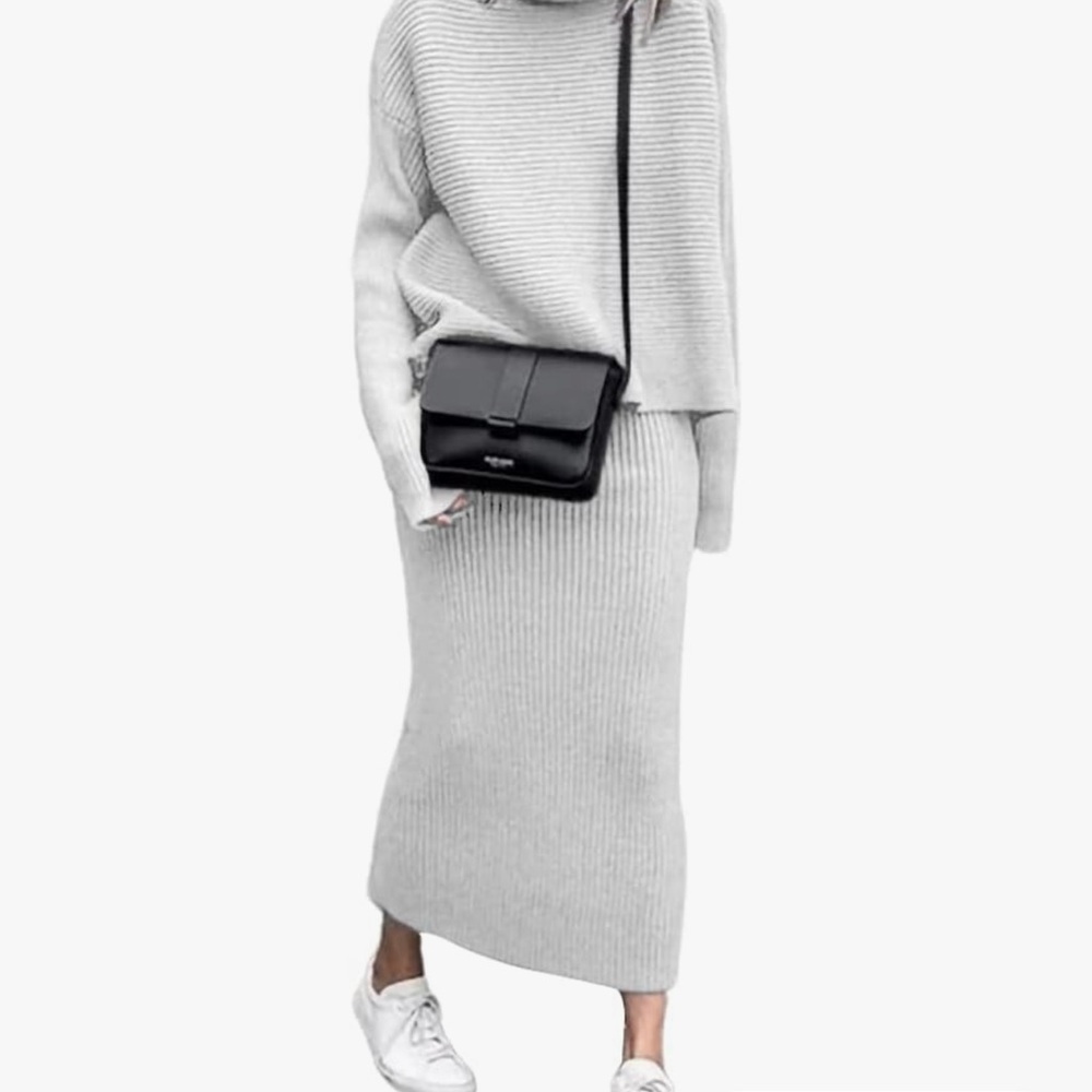 Amazon Women's White Ribbed sweater and skirt set